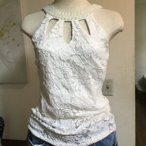 PAPAYA Halter Neck Top Tank Sleeveless Pearls Lace Front Cut Out Beige S